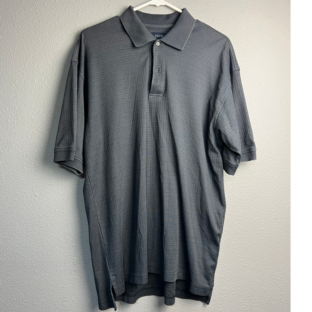 Izod Mens Gray Grid Textured Short Sleeve Polo Shirt Preppy Academia Medium